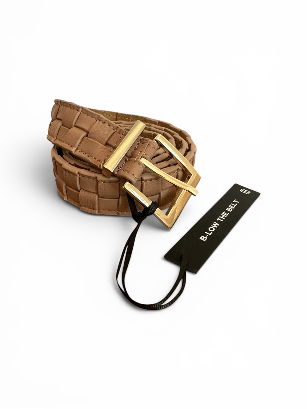 B-Low the Belt Tan Woven Genuine Leather Belt with Gold Buckle